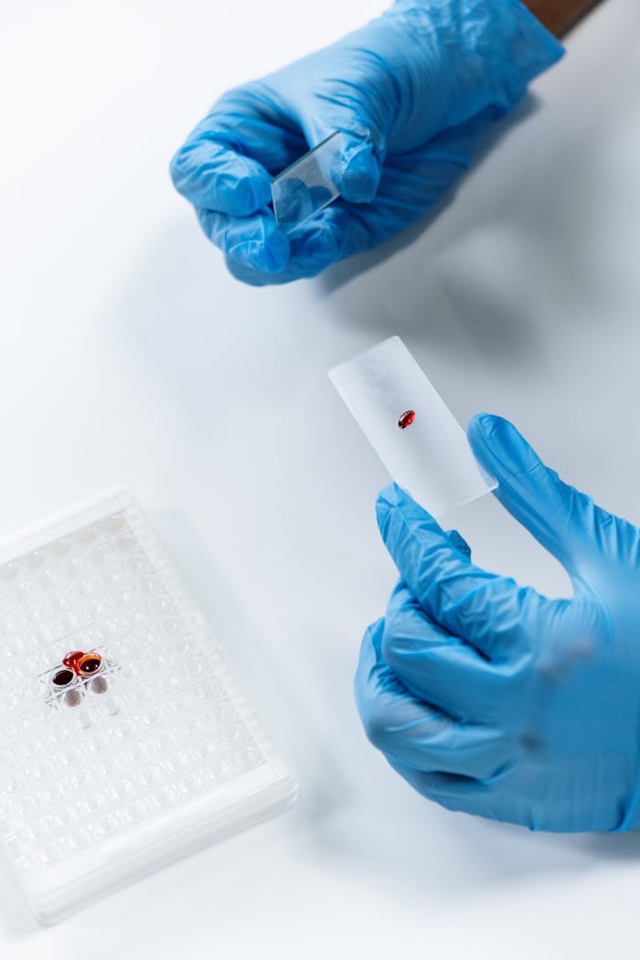 Gloved hands handling a blood sample on a slide under laboratory lighting.